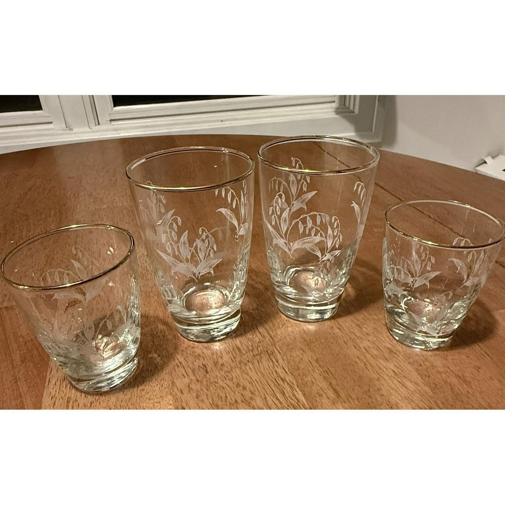 Vintage Libbey Lily of the Valley Glasses Set of 4-Gold Rim MCM